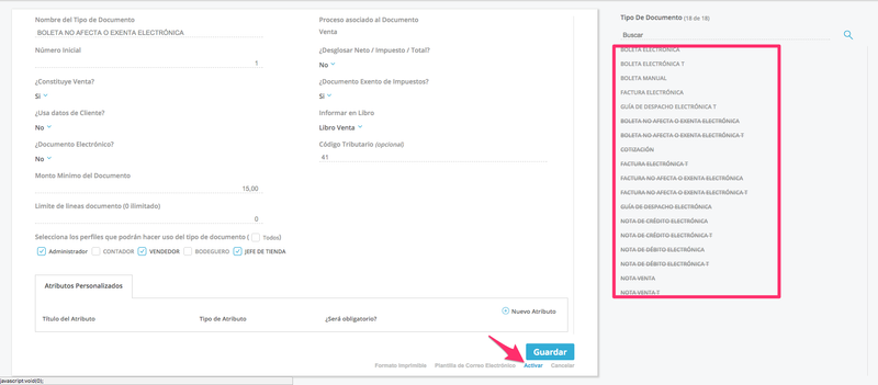 Configuración de documentos tributarios en el panel de Bsale