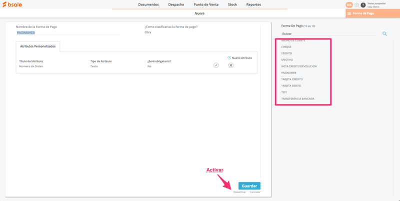 Configuración de formas de pago en el panel de Bsale