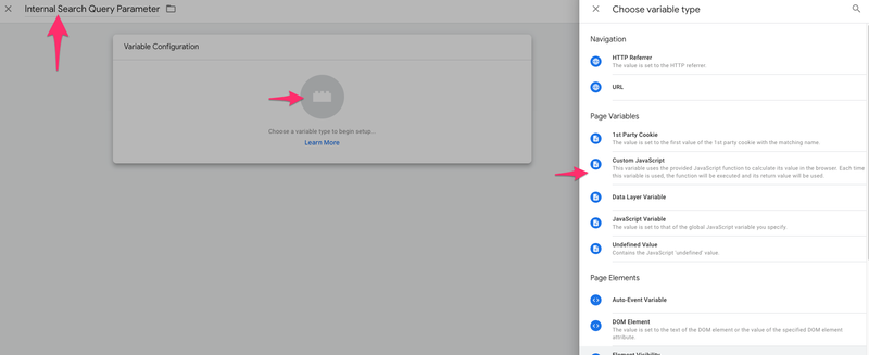 google tag manager create search variable