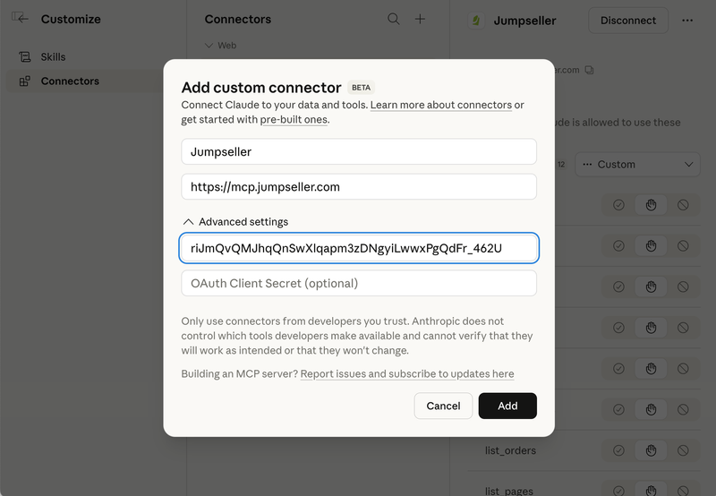 Configuración del conector personalizado de Claude