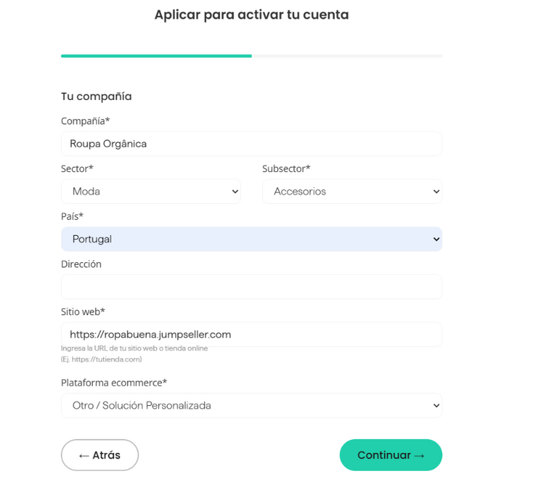 Datos de la empresa en el formulario de activación