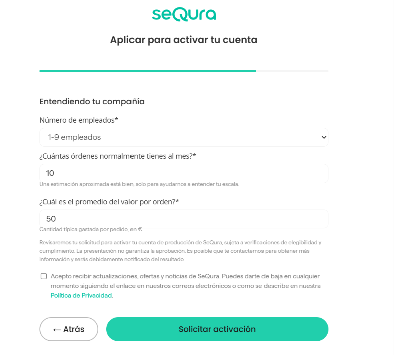 Estimación de pedidos en el formulario de activación