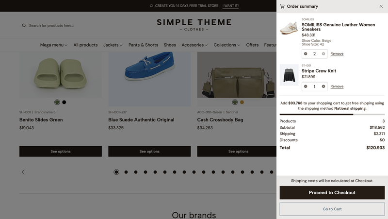 Menú del carrito del tema