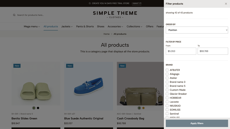 Sección Filtros del tema deshabilitada