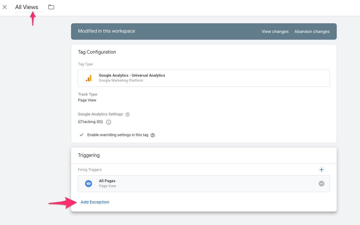 google tag manager add exception