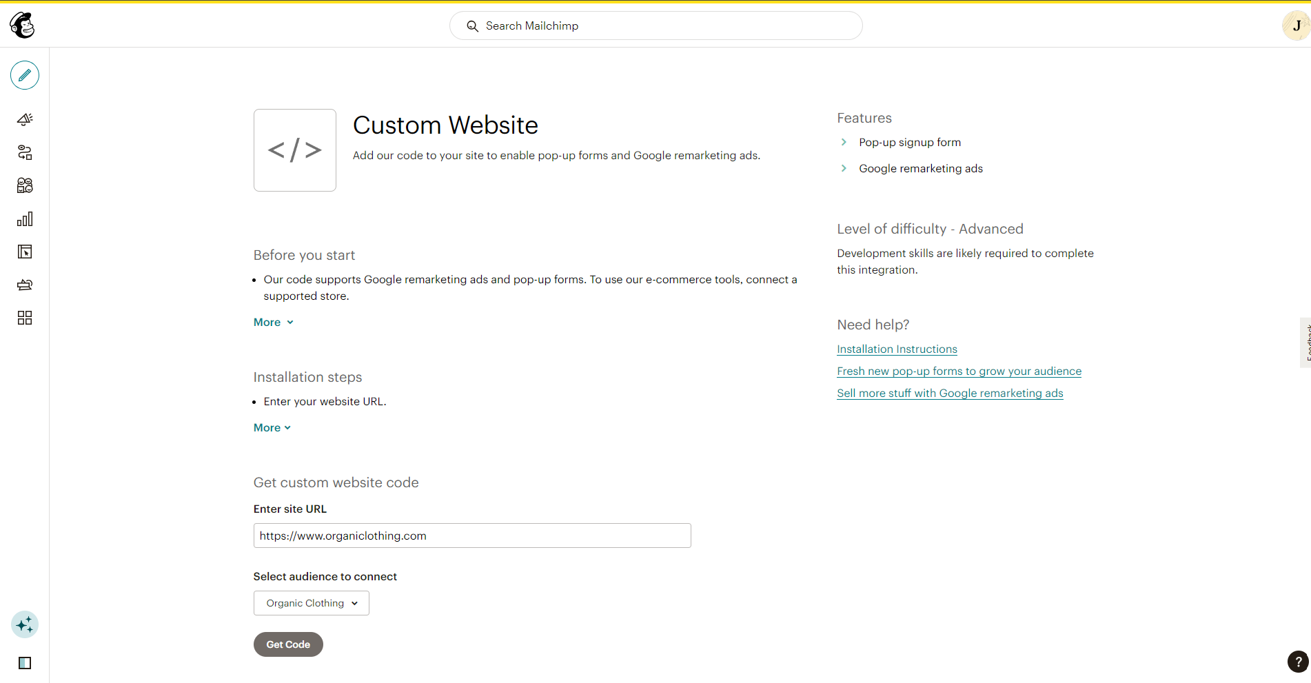 Custom website code