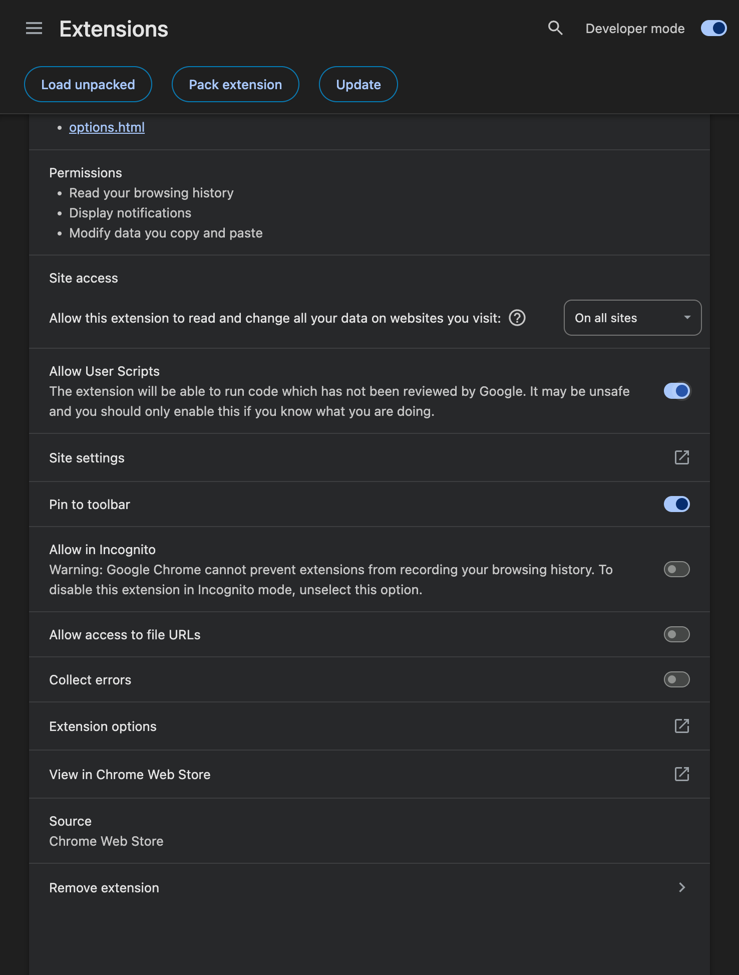 Ajustes reales de Chrome con Developer mode y Allow User Scripts activados para Tampermonkey